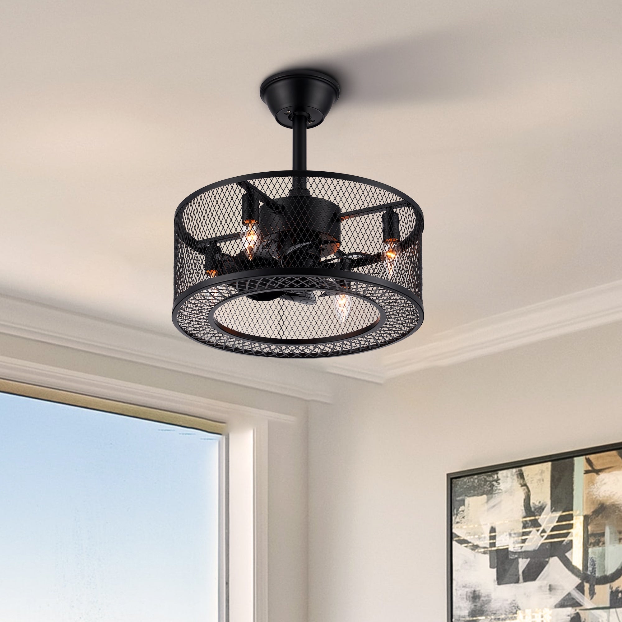 CO-Z 18-Inch Industrial Caged Ceiling Fan with Lights， Remote Control - Black Shopping - The Best Deals on Ceiling Fans | 40346142