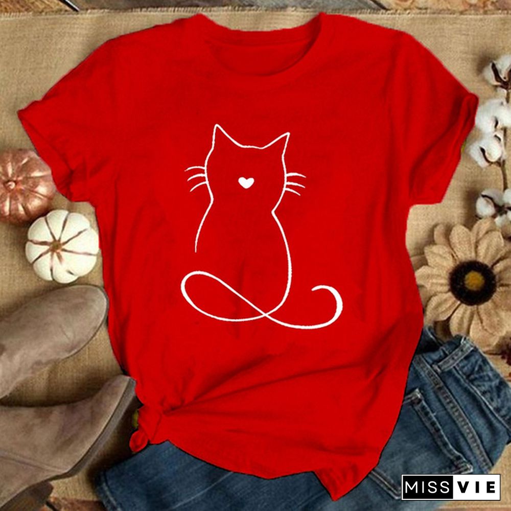 Women Graphic Cat Lovely Animal Fashion Short Sleeve Spring Summer Cartoon Print Female Clothes Tops Tees Tshirt T-Shirt