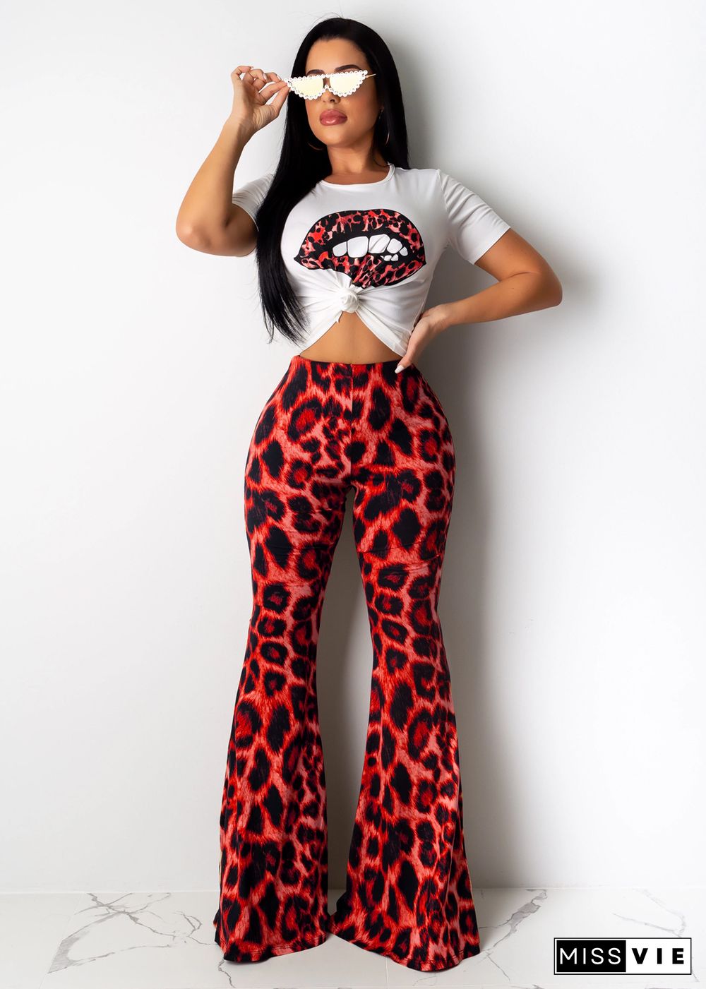 Women Casual Lip Print O-Neck Short Sleeve T-shirts High Waist Leopard Flared Long Pants 2 Piece Set