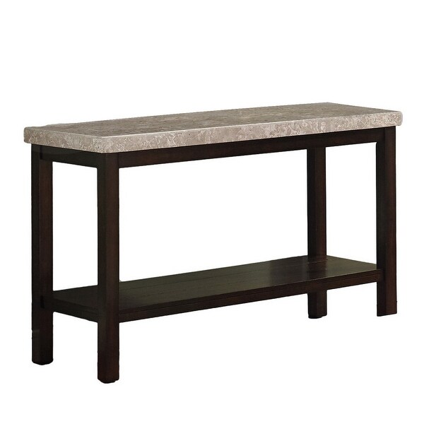 Wood and Marble Console Table with Open Shelf， Brown and Gray