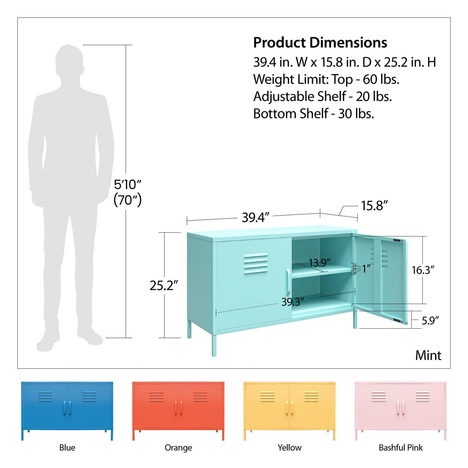 Novogratz Cache 2 Door Metal Locker Accent Cabinet， Mint