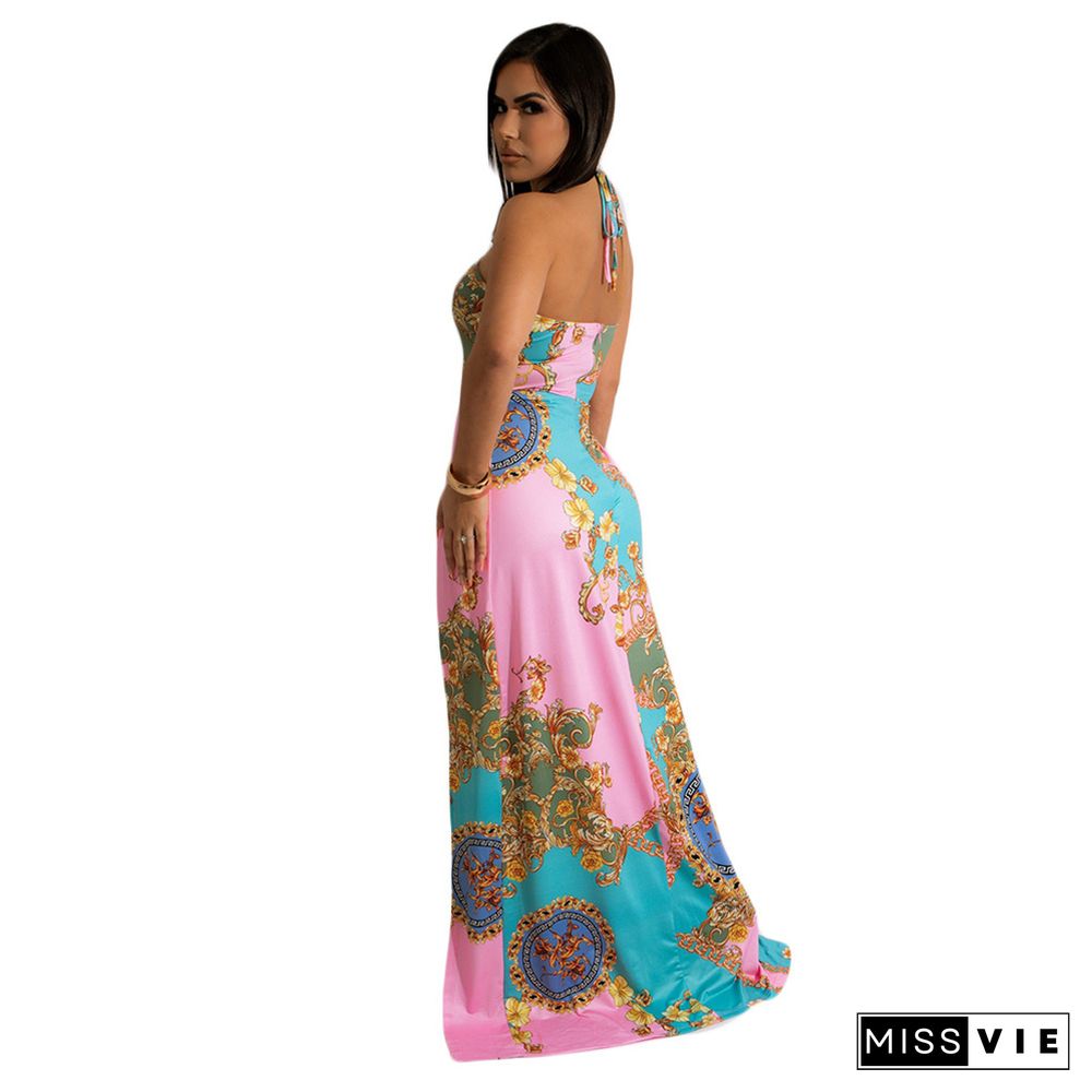 Vintage Pattern Printed High Slit Backless Maxi Dress