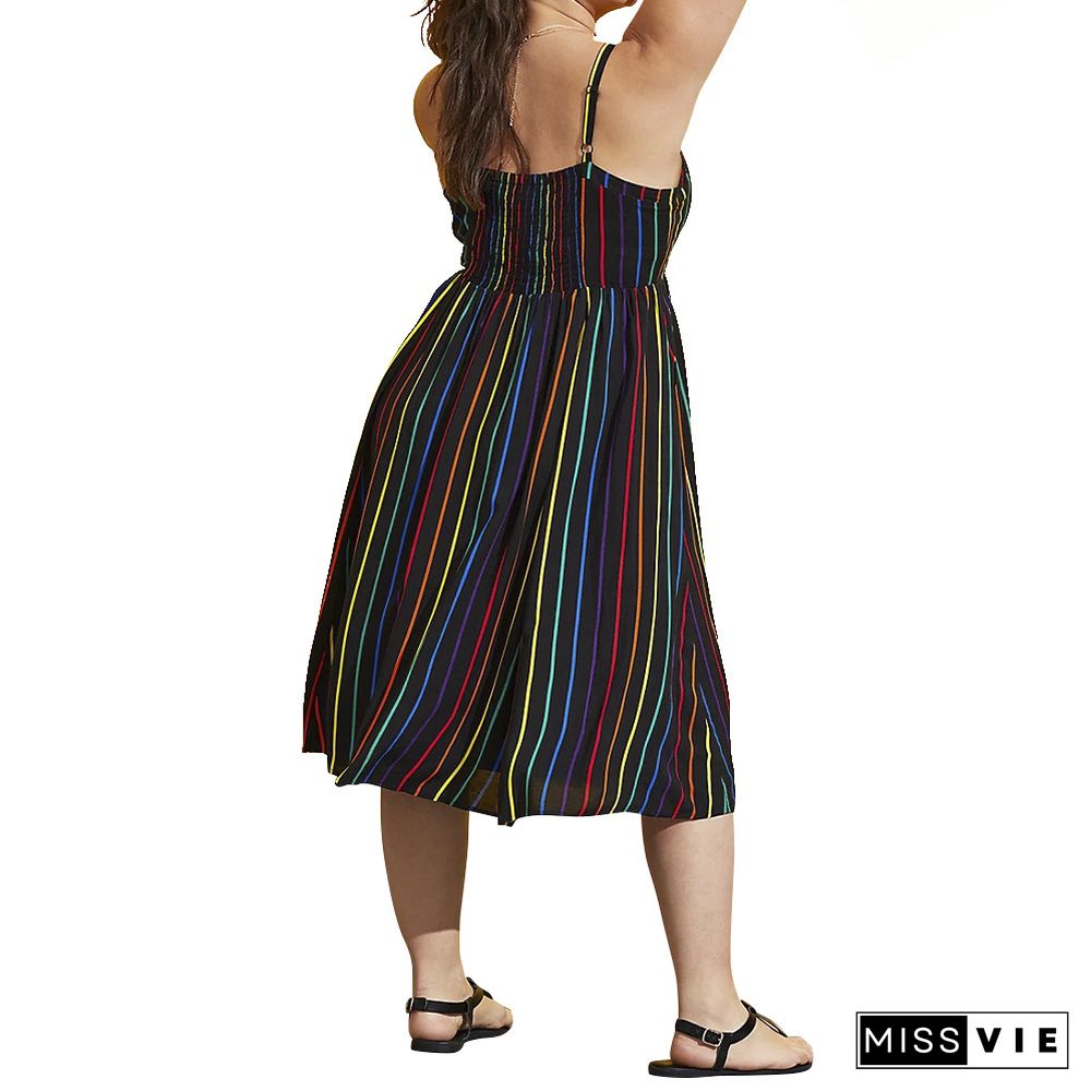 Plus Size Women Striped Print Sleeveless Spaghetti Strap Summer A Line Casual Club Party Midi Dresses