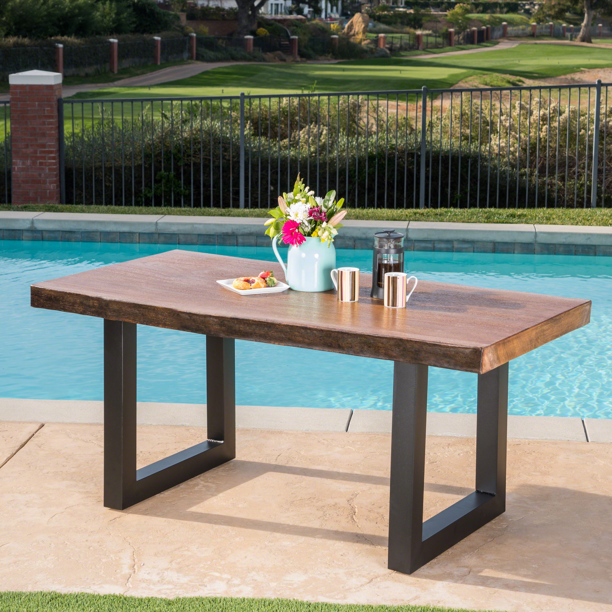 Ishtar Outdoor Faux Live Edge Teak Finish Lightweight Concrete Dining Table