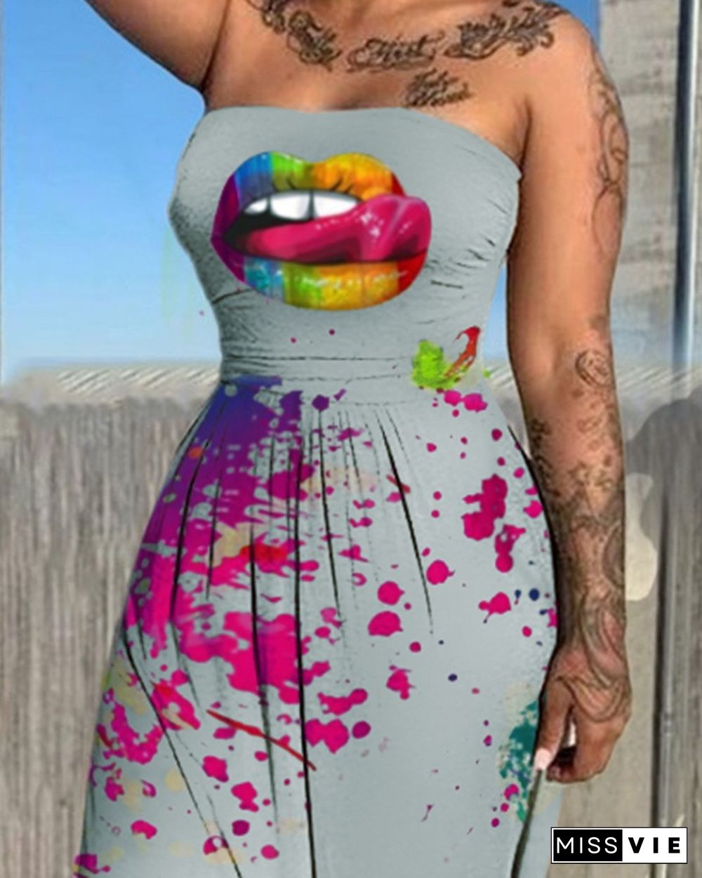 Ink Splash Lip Print Bandeau Maxi Dress