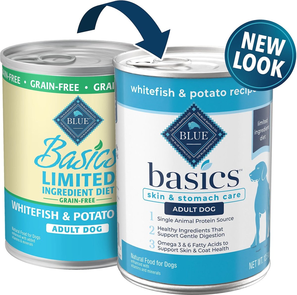 Blue Buffalo Basics Skin and Stomach Care Grain-Free Whitefish Entrée Adult Canned Dog Food， 12.5-oz can， case of 12