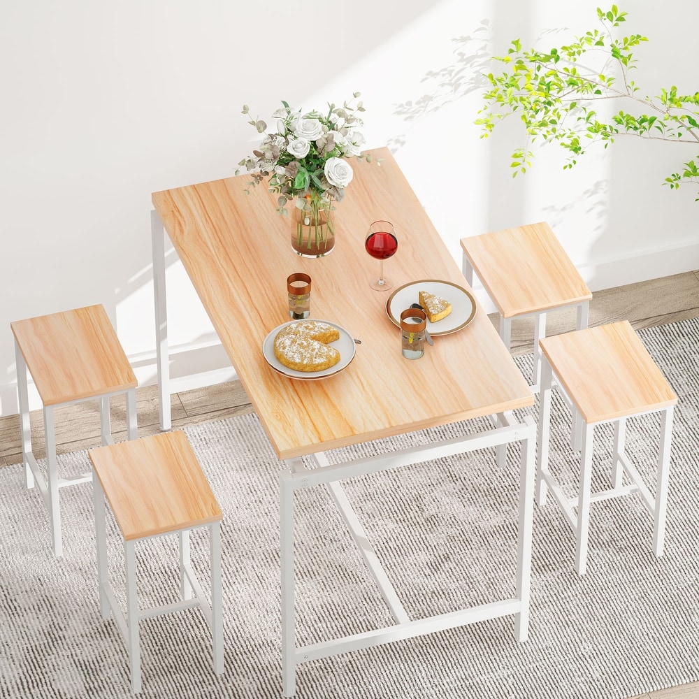 Mieres Minimalist Industrial Style Wooden Top 5 Pieces Dining Table Set with Four Stools for Ktichen and Dining Room