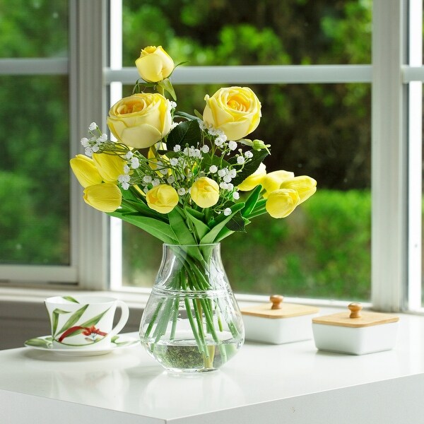 Mixed Rose and Tulip Flower Arrangement in Clear Glass Vase with Acrylic Water for Home Wedding Decoration