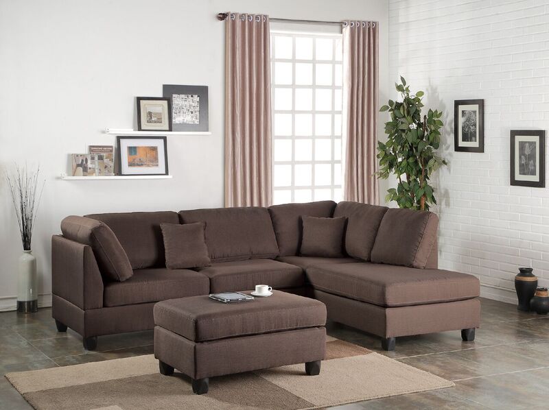 Simple Relax Linen-Like Left or Right Hand Chaise Sectional with Ottoman Set, Chocolate