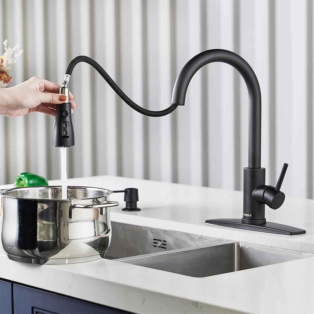 FORIOUS Single-Handle Kitchen Faucet with Pull Down Sprayer High-Arc Kitchen Sink Faucet with Deck Plate in Matte Black HH0023CB