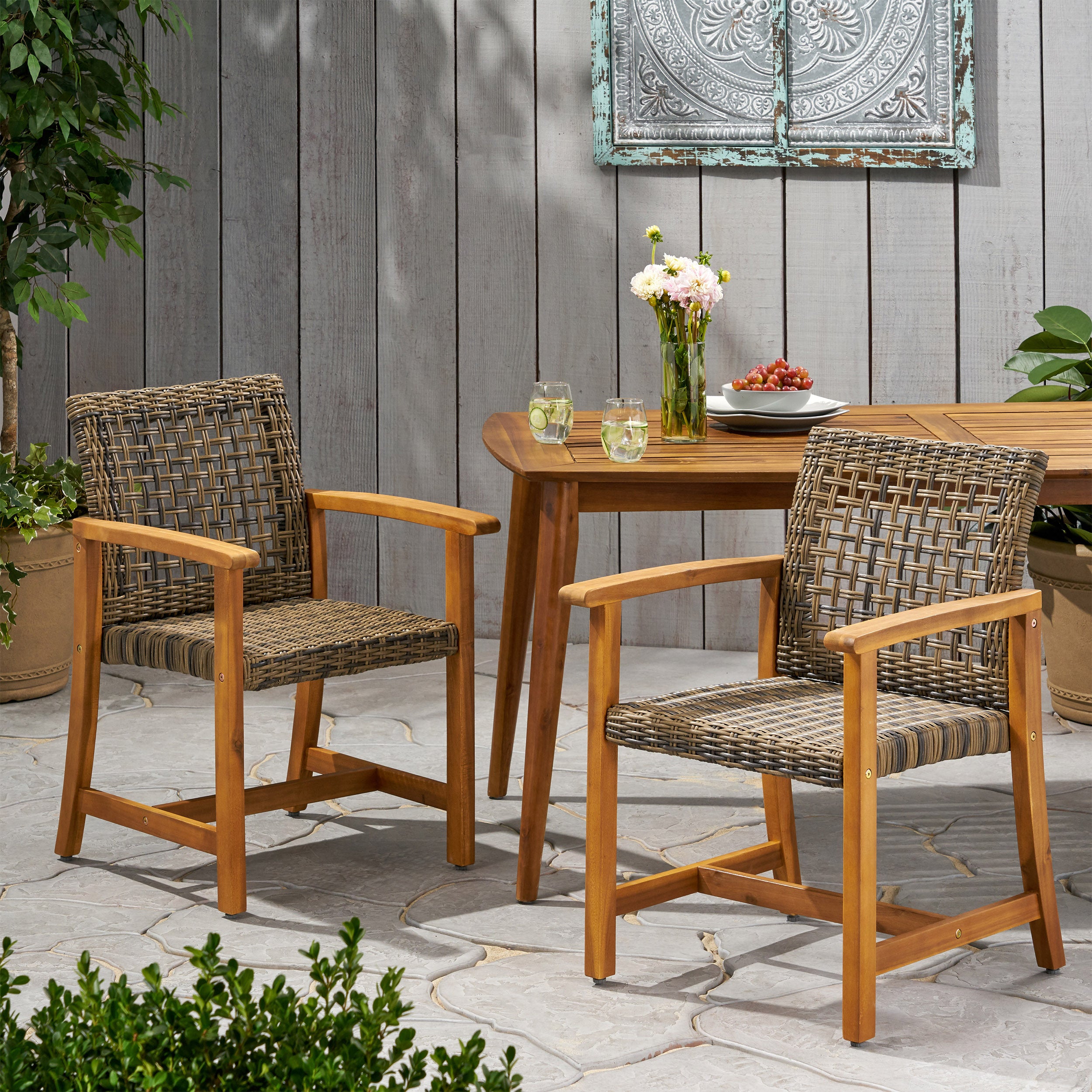 Alyssa Outdoor Acacia Wood and Wicker Dining Chair (Set of 2)