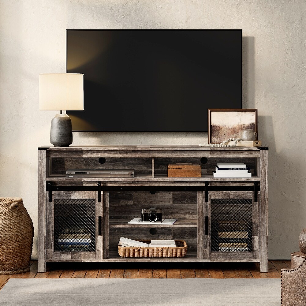 Rustic Wood Tall TV Stand with Mesh Barn Doors and Adjustable Shelf   59\