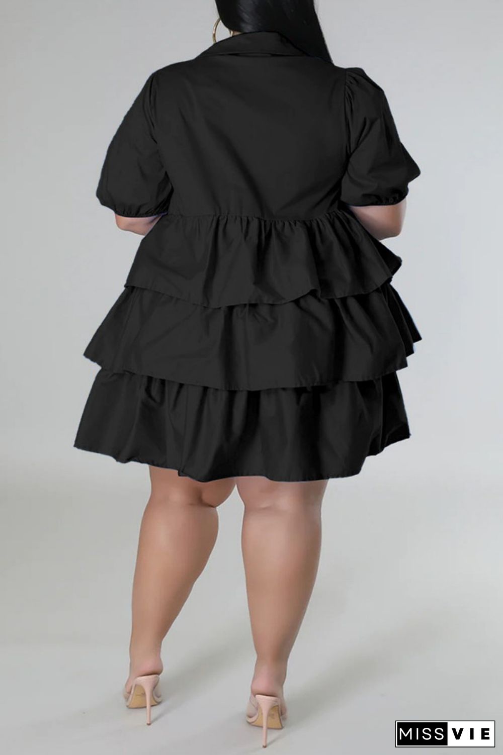 Black Casual Solid Patchwork Turndown Collar Cake Skirt Plus Size Dresses