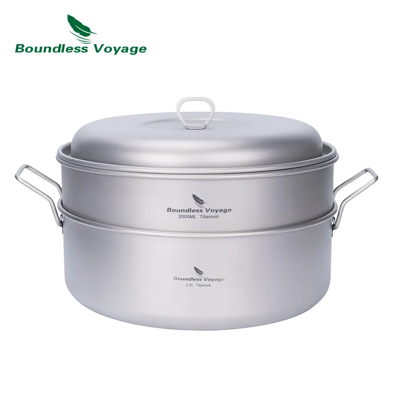 Boundless Voyage 2.2L Titanium Stock Pot with 2L Steamer with Lid Folding Handle Soup Pot for Camping Hiking Picnic Home