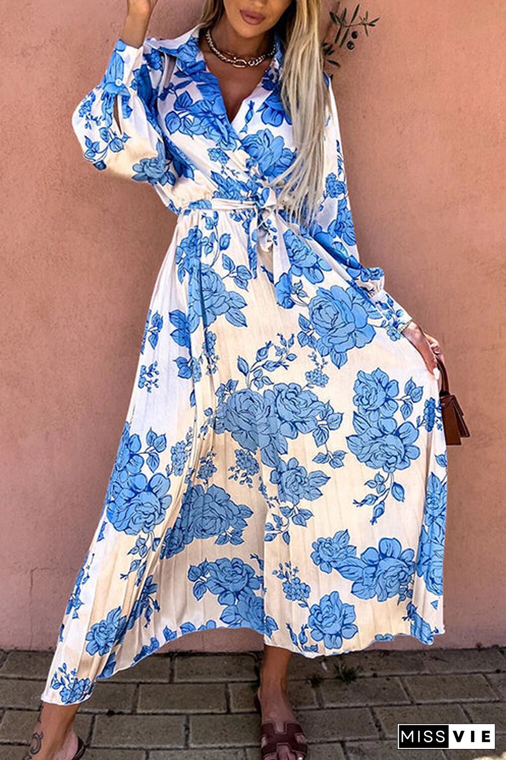 Floral Belted Long Sleeve Maxi Dress