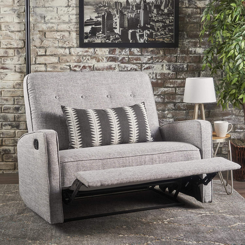 Modern 2 Seater Recliner  Light Grey Tweed Upholstered Seat  ampButton Tufted Back   Contemporary   Recliner Chairs   by Decor Love  Houzz