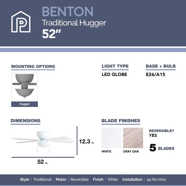 Prominence Home Benton Hugger Ceiling Fan， Low-Profile， LED Cased White Bowl， White - 52-inch Shopping - The Best Deals on Ceiling Fans | 34777936