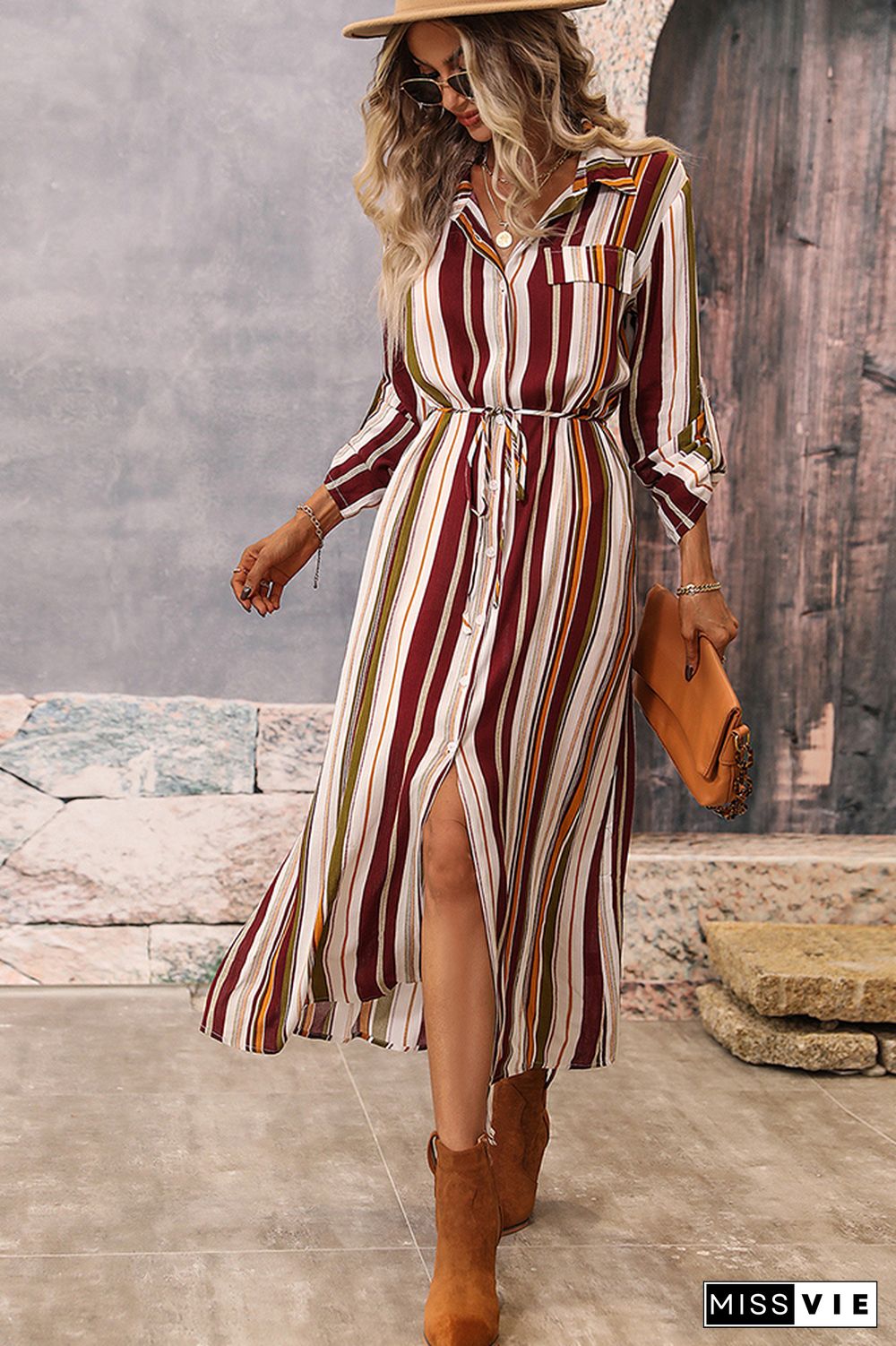 Stripes Print Button Up Long Shirt Dress