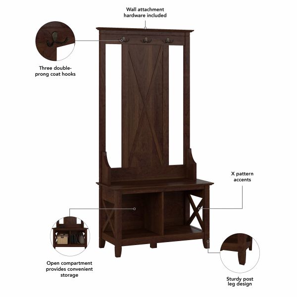 Bush Furniture Key West Entryway Storage Set with Hall Tree， Shoe Bench and Armoire Cabinet in Bing Cherry