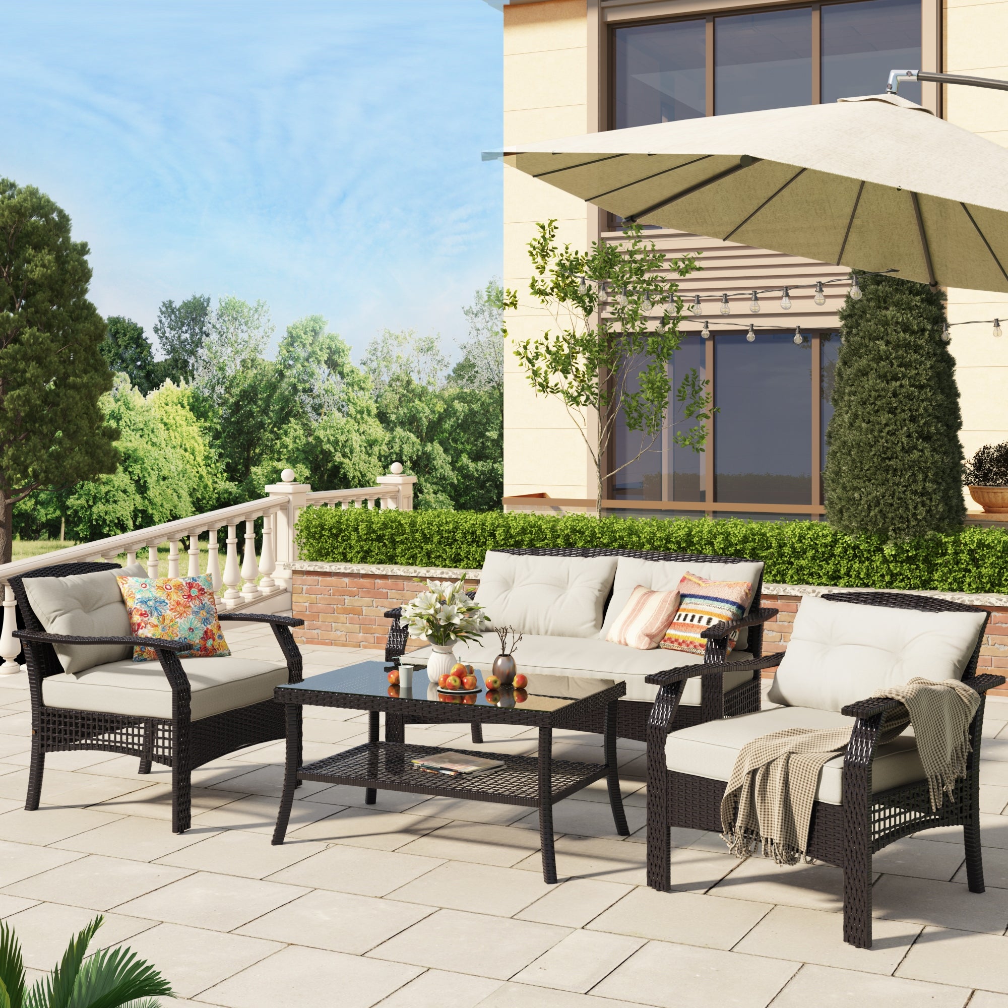 4 Piece Rattan Sofa Seating Group with Cushions， Outdoor Ratten sofa - Overstock - 33824781