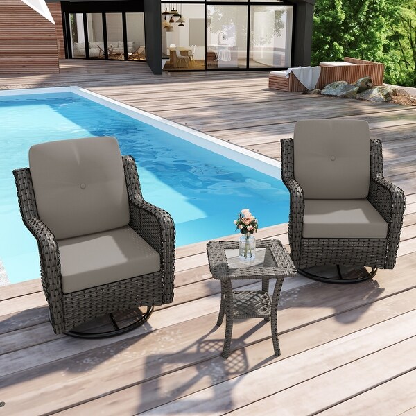 Outdoor 3 Pieces Rattan Wicker Bistro Set Swivel Rocker With Cushion and Table