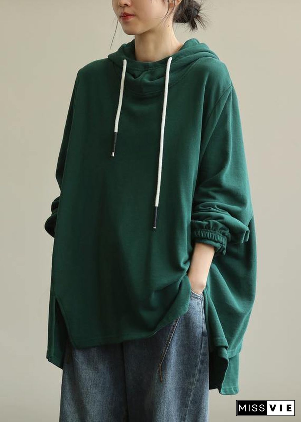 Unique green tunic pattern hooded drawstring Plus Size Clothing blouses