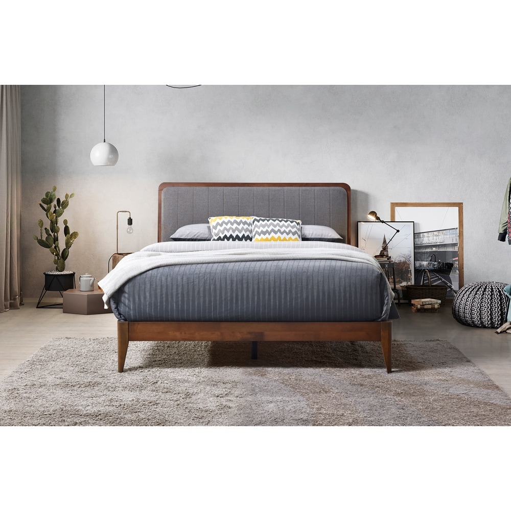 Raven Grey Upholstered Walnut Wood Queen Platform Bed Frame