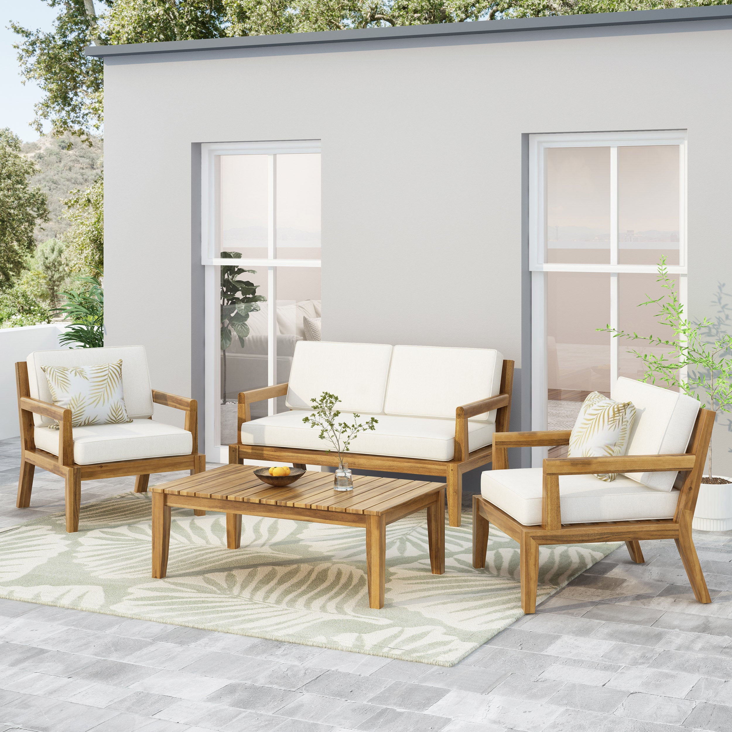 Camak Rossville Outdoor Acacia Wood Chat Set, Teak and Beige