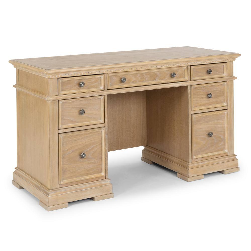 HOMESTYLES Manor House 56 in. Natural Wood 7-Drawer Pedestal Executive Desk 5504-18