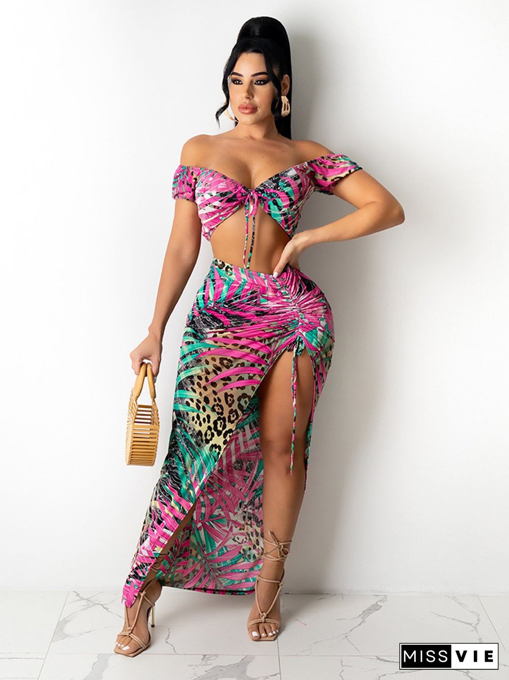 Sexy Lace Up Print Top Cutout Drawstring Skirt Swimsuit Set