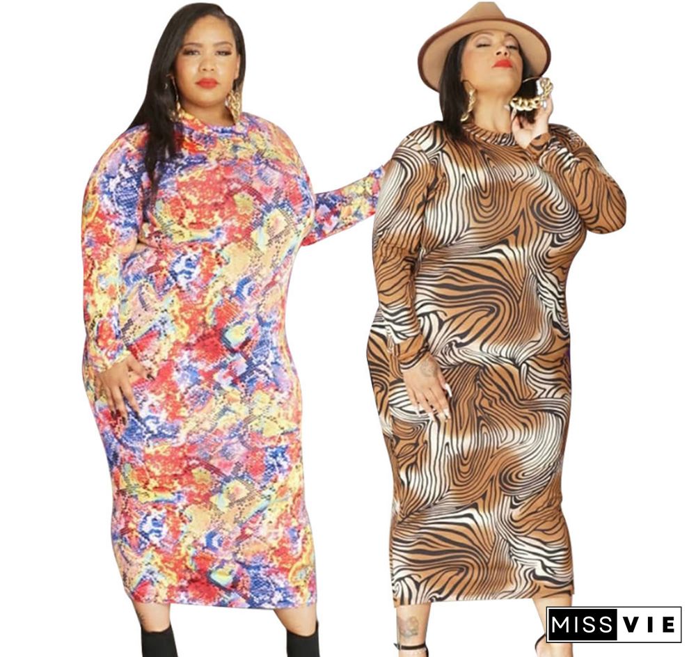 Plus-size Full Printed Long Sleeves Round Neck Loose Dress