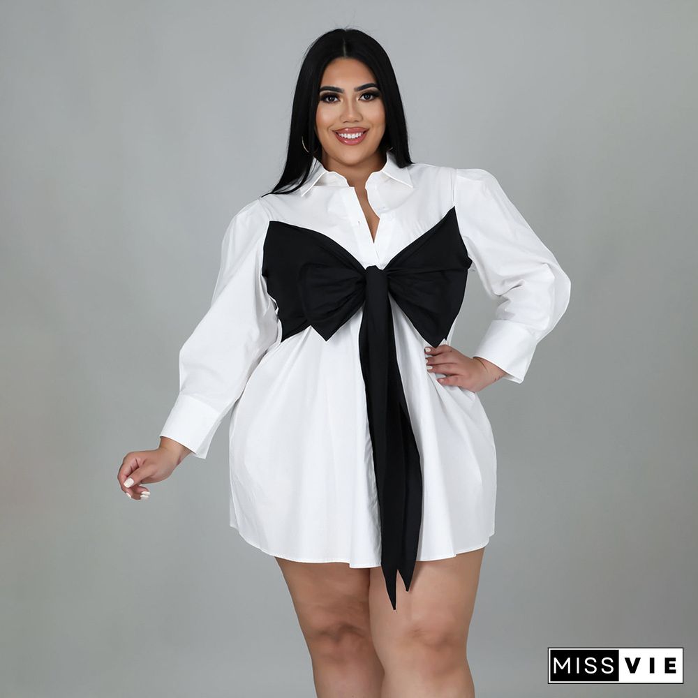 Plus Size Bow Knot Long Sleeve Blouse Shirt Dress