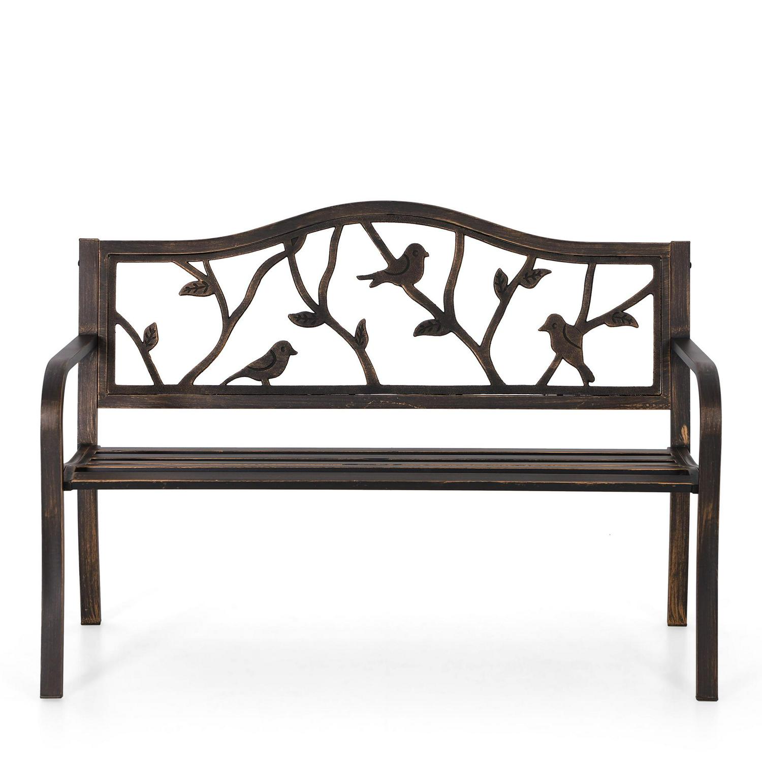 MF Studio 2-person Outdoor Bench Cast Iron Steel Frame Bird Backrest， Bronze