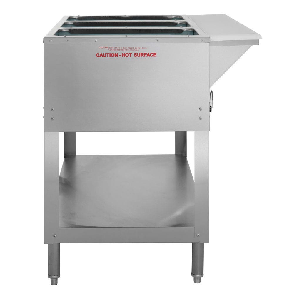 Kratos 28W-110 Stationary Three Pan Open Well Electric Steam Table with Undershelf， 120V， 1500W