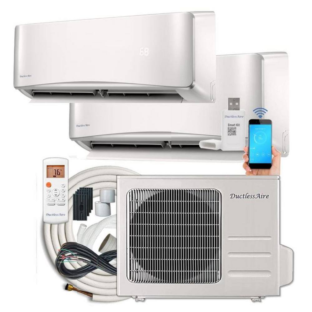 DuctlessAire 21 SEER 27 000 BTU 2.25 Ton Dual-Zone Ductless Mini Split Air Conditioner with Heat Pump - 230-Volt60Hz DA27-12-12