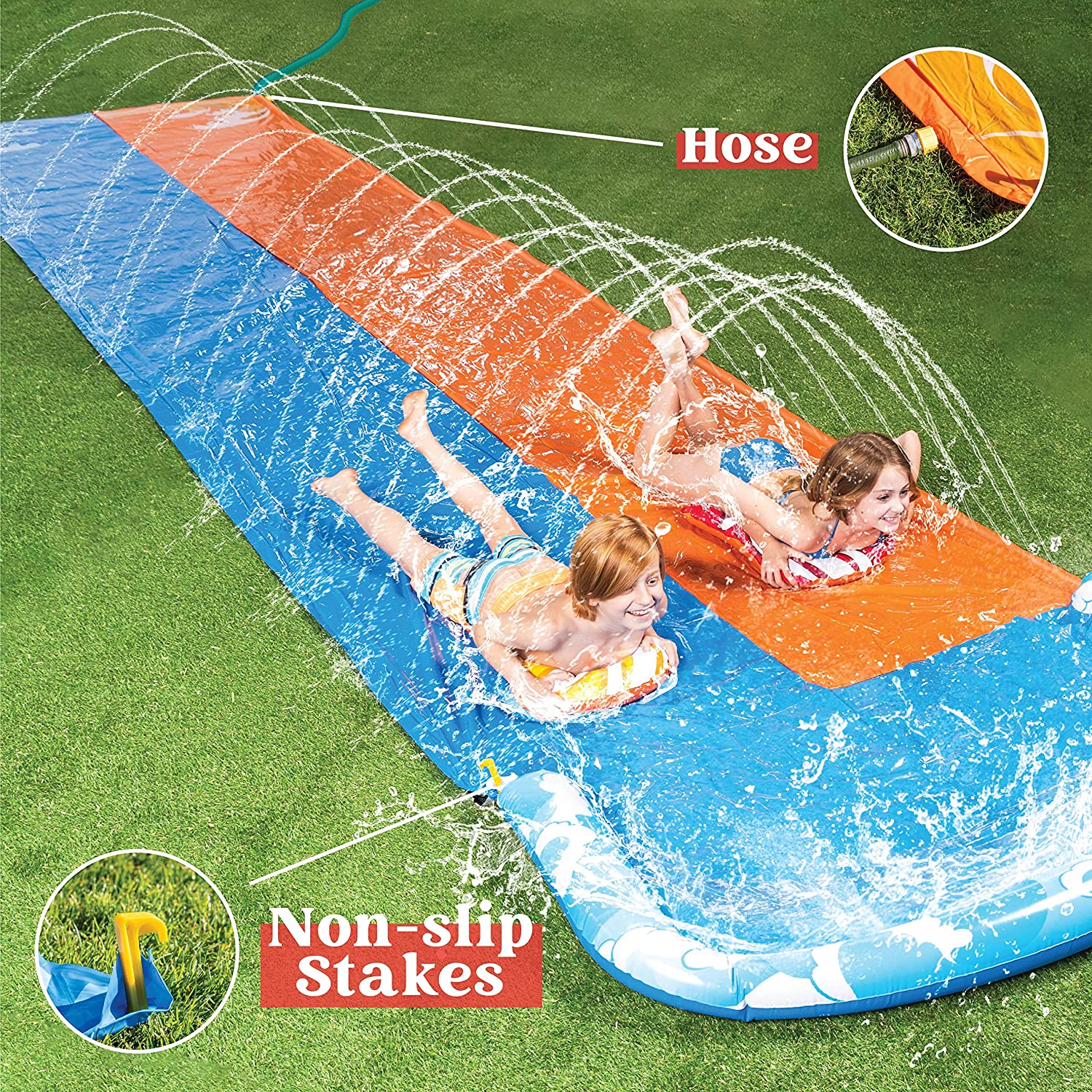 JOYIN 20ft Slip and Slide Water Slide with 2 Bodyboards， Slip n Slide Summer Toy with Build in Sprinkler for Backyard and Outdoor Water Toys Play 20ft x 62in