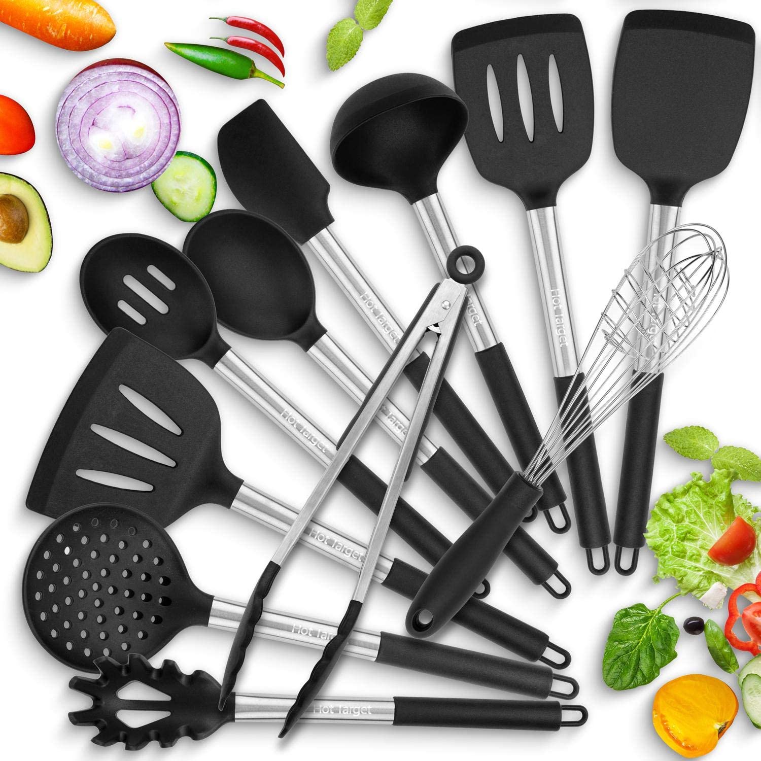 Hot Target 11 Piece Cooking Utensils Set - Stainless Steel, Silicone Kitchen Utensils - Black