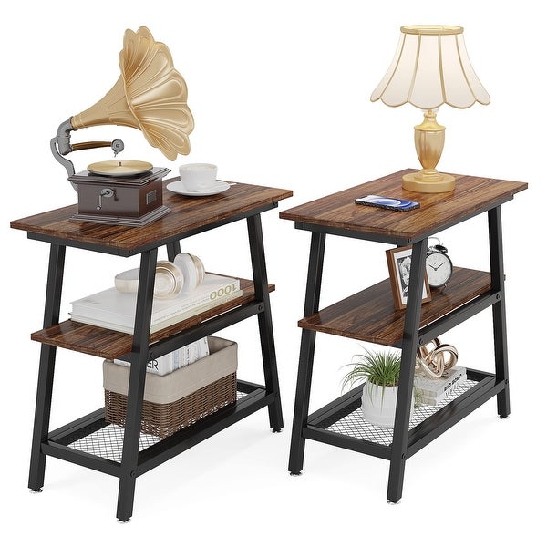 Industrial 3-Tier End Table with Metal Mesh Storage Shelf