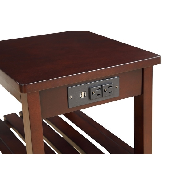 Modern Side Table (USB)， Rectangular Leg Table w/2 Shelves， Espresso