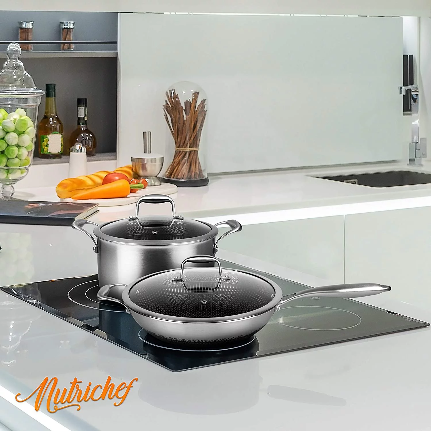 NutriChef 12 Stainless Steel Durable Wok - Triply Kitchenware Wok With Glass Lid， Side Handle