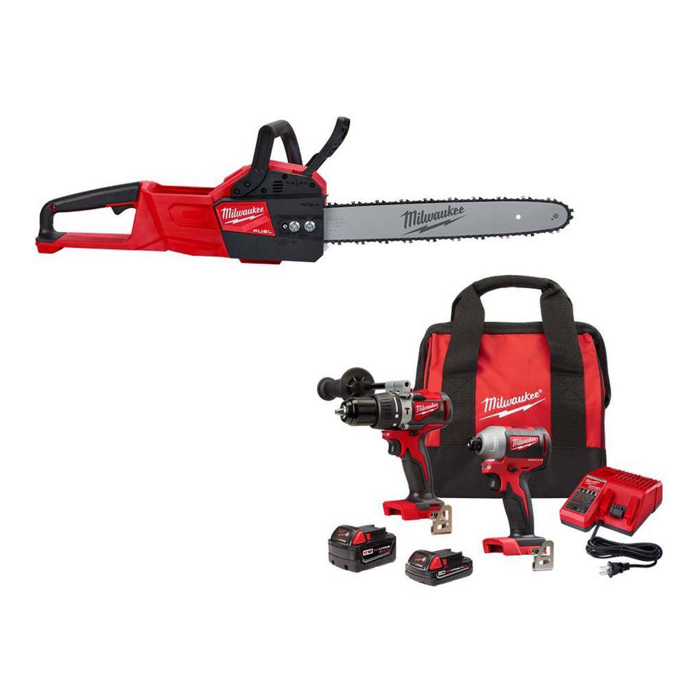 MW M18 FUEL 16 in. 18V Lithium-Ion Brushless Electric Battery Chainsaw wM18 Brushless Hammer DrillImpact Combo (3-Tool) 2727-20-2893-22CX