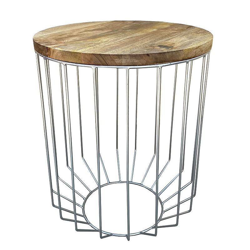 25 Inch Mango Wood Round Side End Accent Table， Tapered Slatted Cage Design， Handcrafted， Natural， Chrome