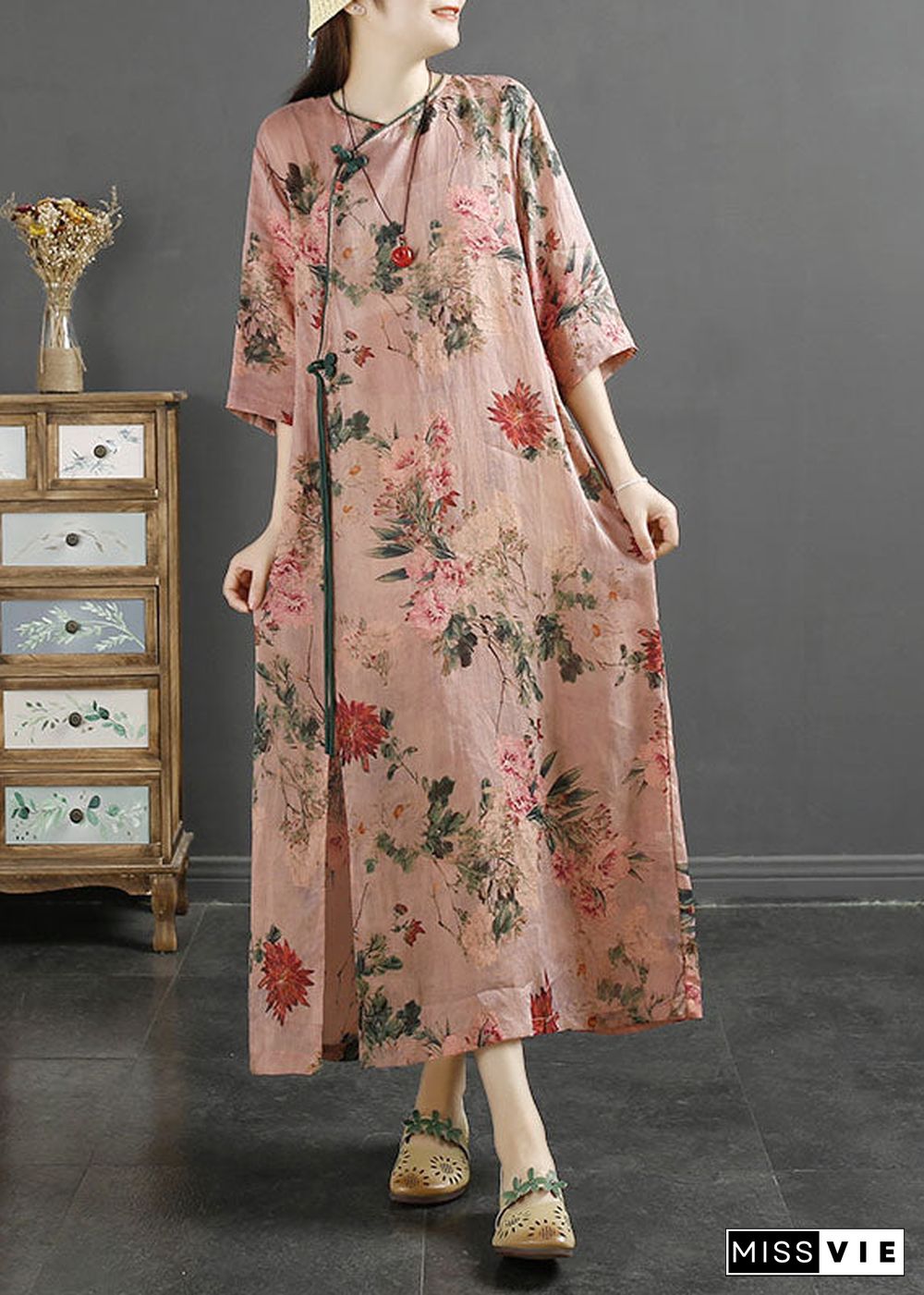 Vintage Pink Tasseled Print Patchwork Linen Dresses Summer