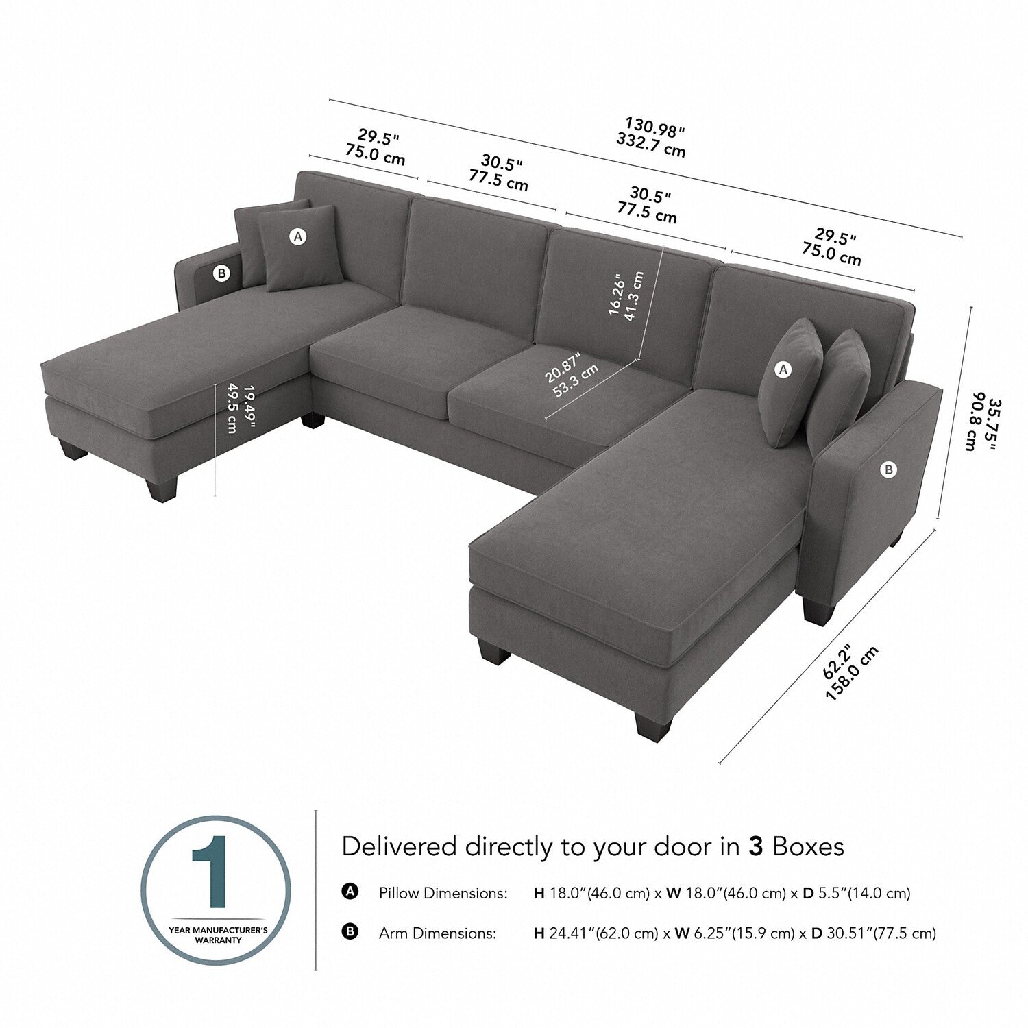 Bush Furniture Stockton 130W Sectional Couch with Double Chaise Lounge