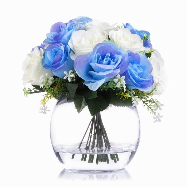 Enova Home Artificial Mixed Fake Open Roses Silk Flowers Arrangement in Clear Glass Vase with Faux Waterfor Home Wedding Decor