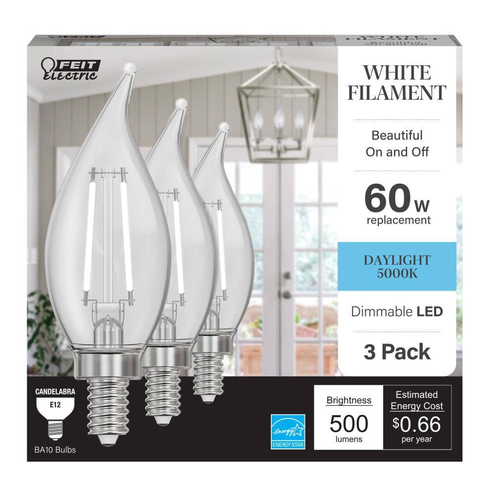 Feit Electric 60-Watt Equivalent BA10 E12 Candelabra Dim White Filament Clear Glass Chandelier LED Light Bulb Daylight 5000K (3-Pack) CFC60950CAWFILHDRP3