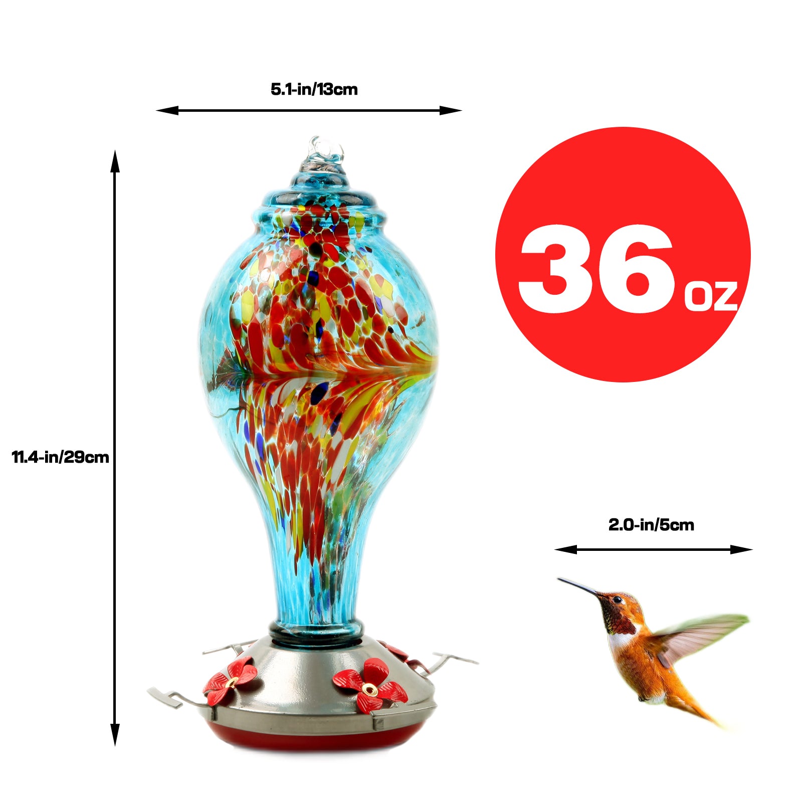 Syeenify  Hummingbird Feeder，Blown Glass Hummingbird Feeders for Outdoors， 36 Ounces