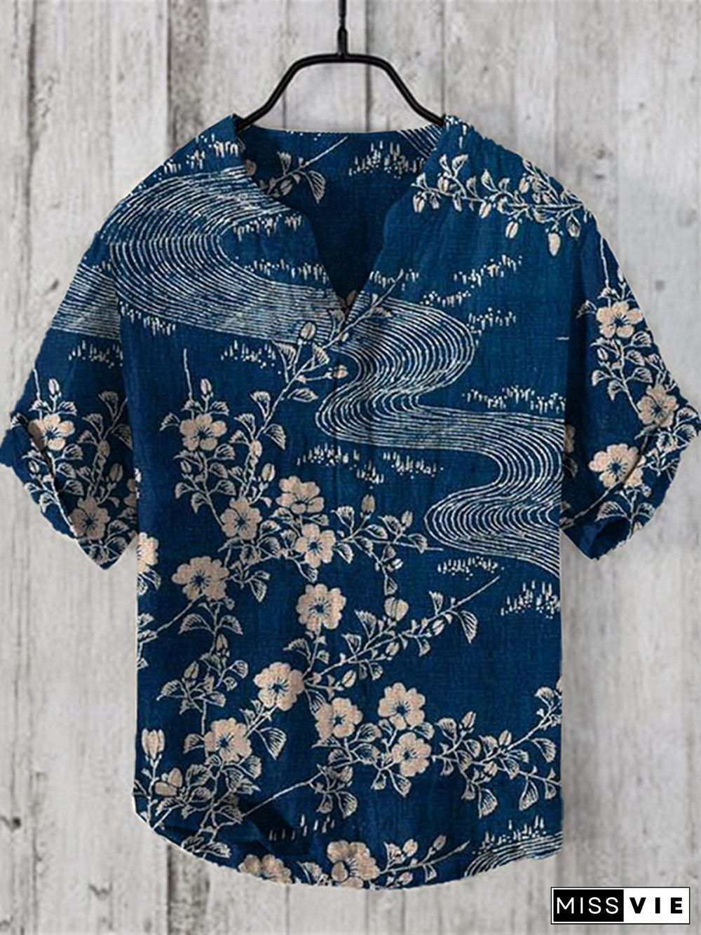 Men's Vintage Floral And Landscape Lino Art Linen Blend Shirt