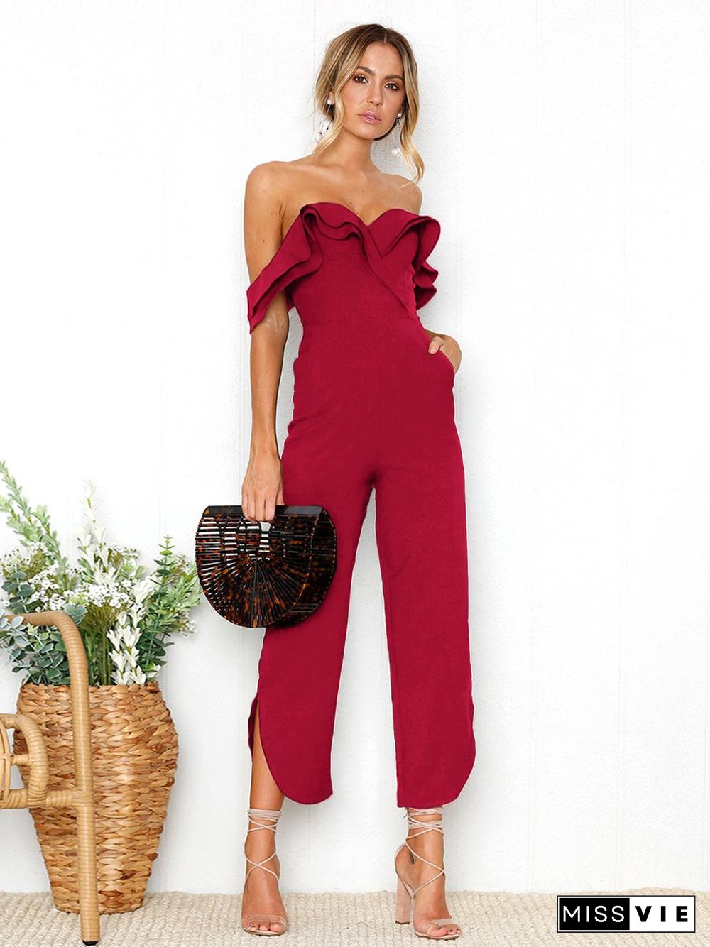 Black Sleeveless Plain Casual Off Shoulder Zip Back Jumpsuit