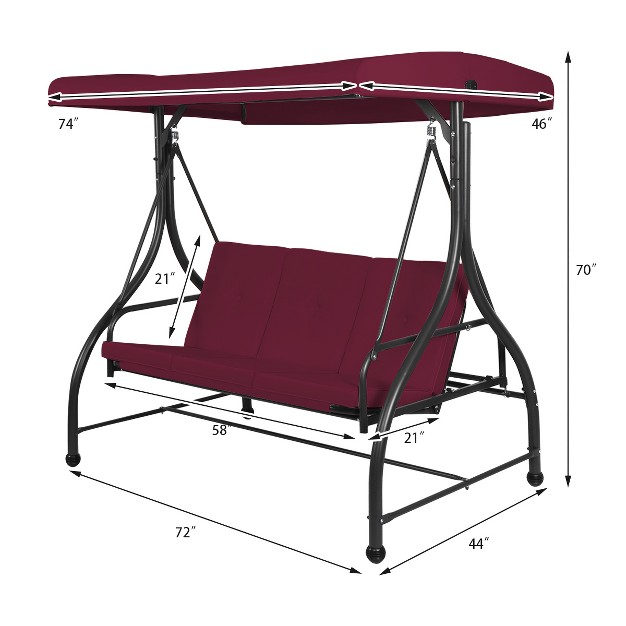 Costway Converting Outdoor Swing Canopy Hammock 3 Seats Patio Deck Furniture Wine Red